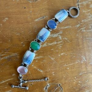 Vintage Stephen Dweck Sterling Silver Multi Gem Stone Toggle Bracelet
